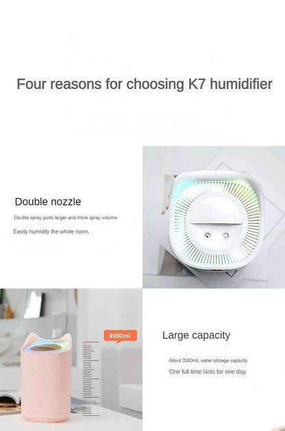 Humidificateur Double Buse 3000ml — Aromathérapie Ultrasonique, LED Ambiance & Multi-Vitesses