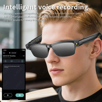 LIGE 800W HD Camera Smart Glasses 1200P HD Video Recording Chat Translation Voice Control Calling Sunglasses Color-Changing Lenses