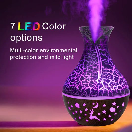 Mini Humidificateur Vase Design Bois 150ml — LED 7 Couleurs, Aromathérapie & USB 5V