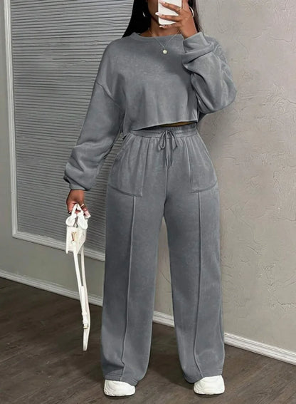 Ensemble deux pièces décontracté pour femme : Sweat-shirt ample à taille haute et pantalon droit – Collection Printemps-Automne