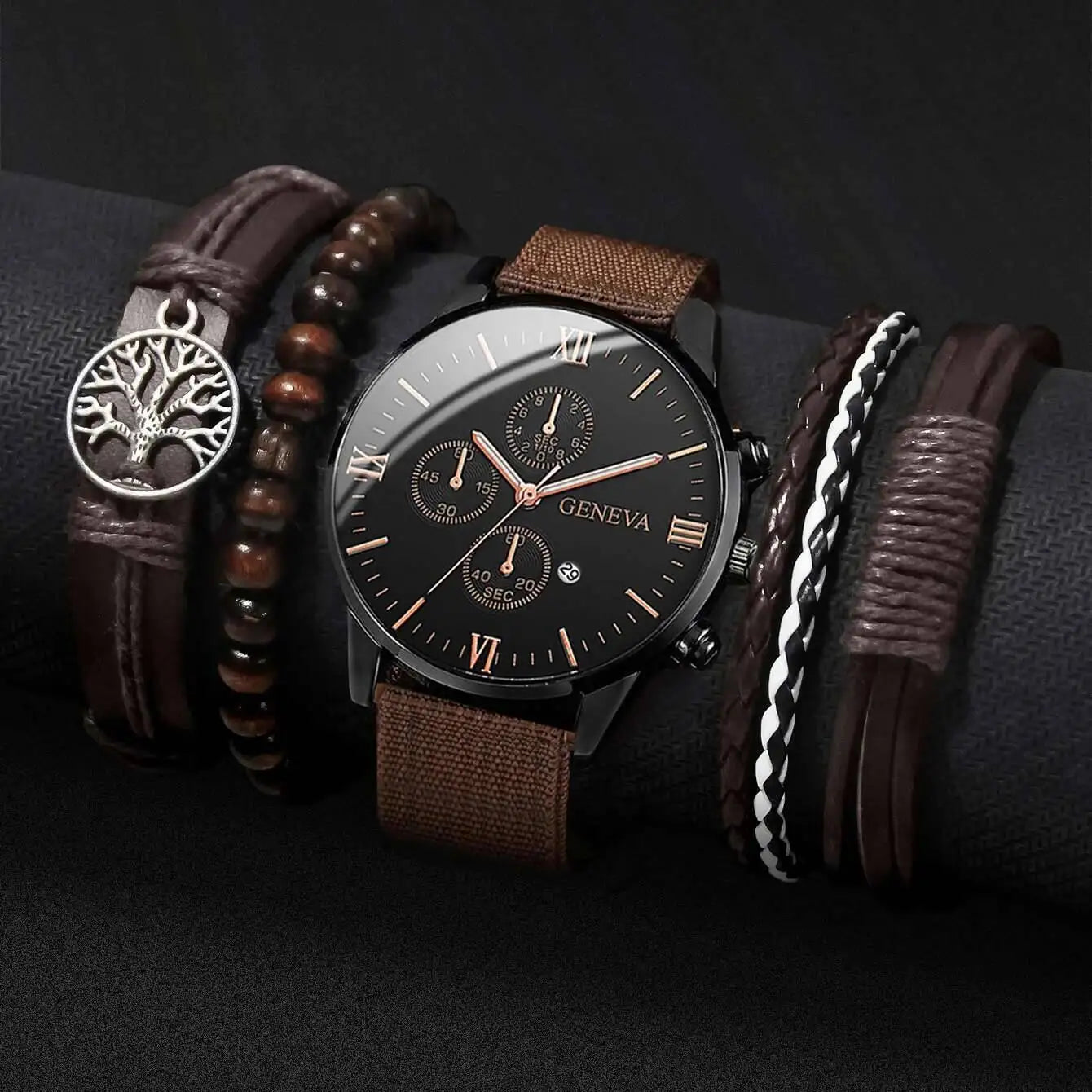 Montre Homme Quartz — Cadran Chiffres Romains + 3-4 Bracelets Interchangeables Cuir & Nylon