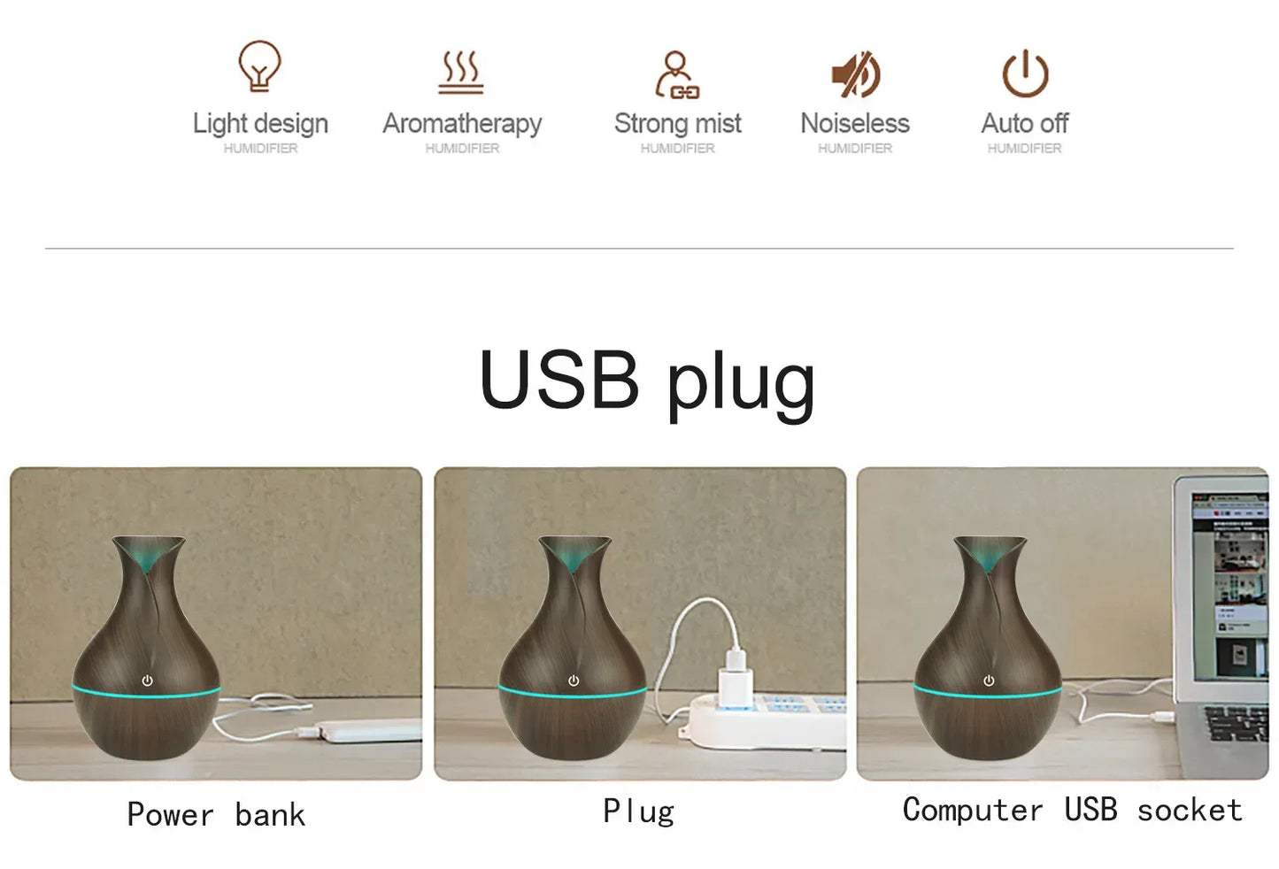 Humidificateur Diffuseur USB 200ml — Brume Fine, Huiles Essentielles & Veilleuse LED