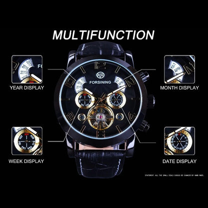Montre Mécanique Automatique Homme FORSINING — Tourbillon, Boîtier Rond Acier 46 mm, Bracelet Cuir, Calendrier | TechNova X