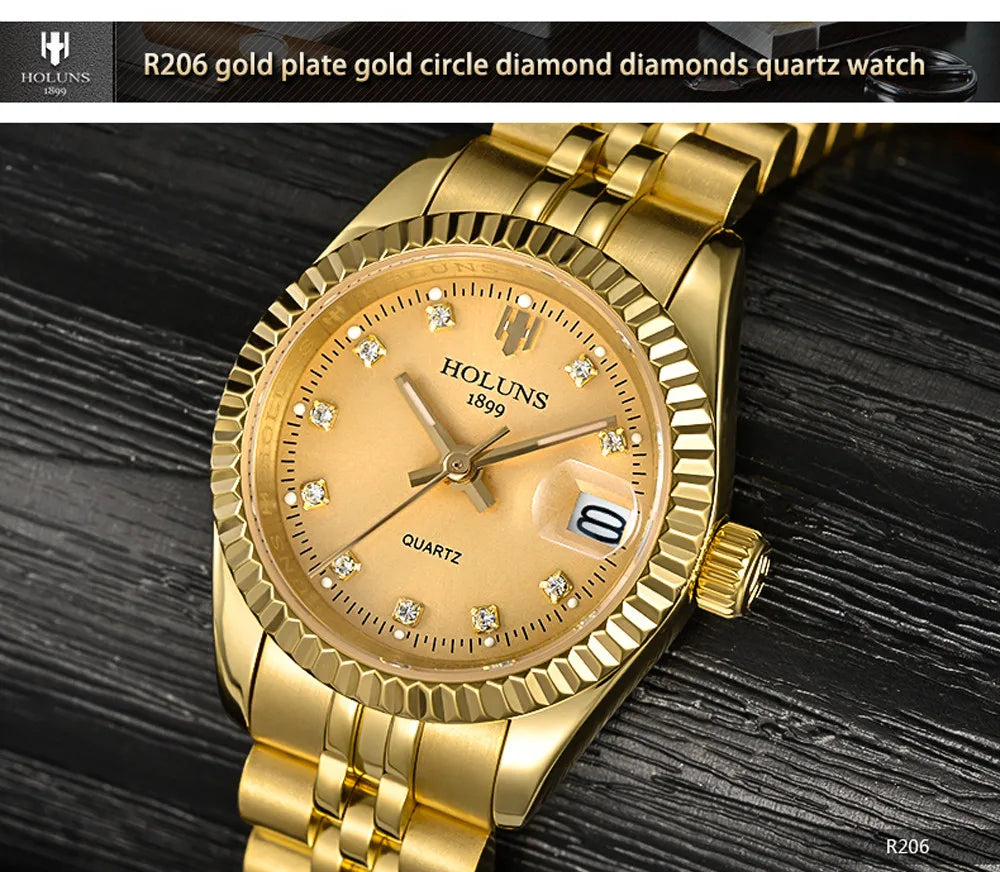 Montre Femme Luxe Diamant — Quartz Acier Inoxydable, Étanche 5 ATM
