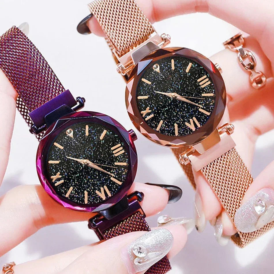 Montre Quartz Femme RUNERR — Cadran Ciel Étoilé 33 mm, Bracelet Magnétique Maille Acier Ajustable, Lumineux, 5 Coloris | TechNova X