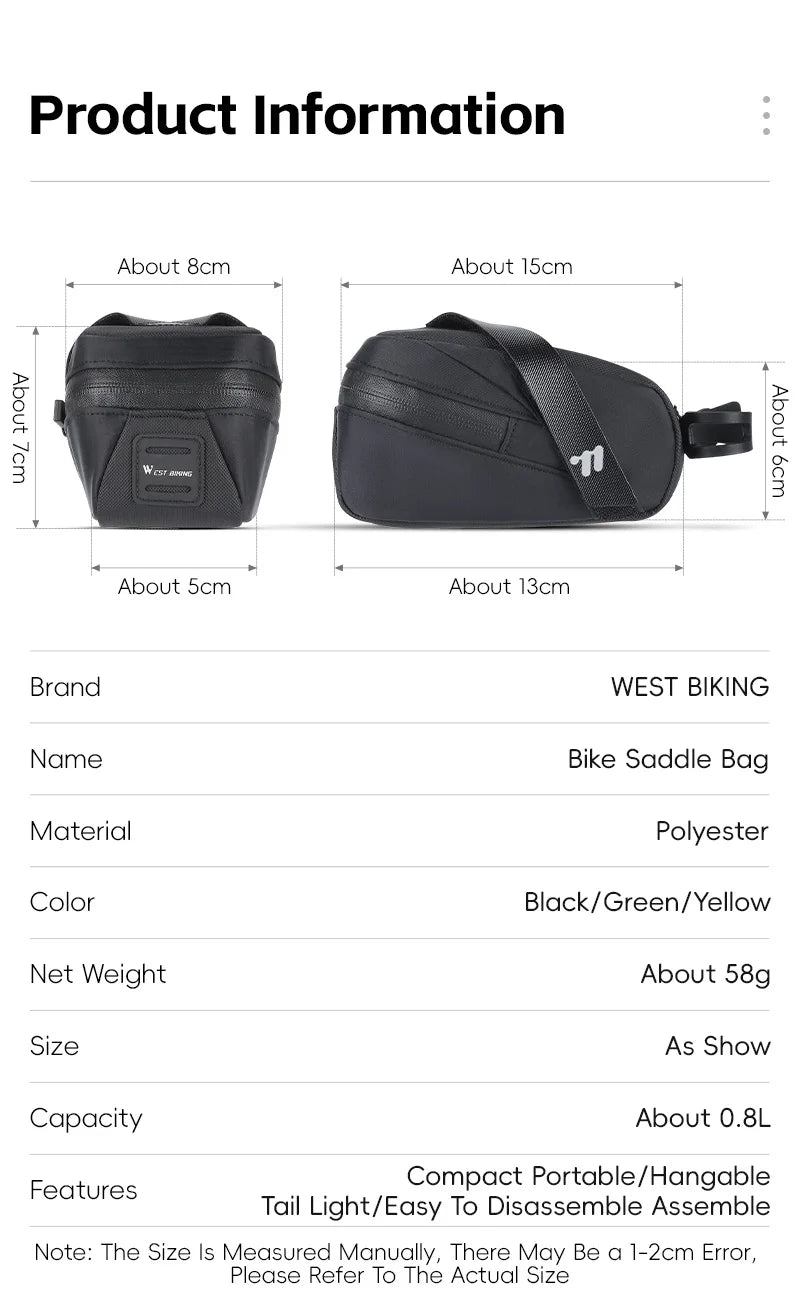 WEST BIKING – sac de selle de vélo Portable, léger 0,8 l, sac arrière de vélo, sac à outils de sport Durable, accessoires de vélo de route et vtt