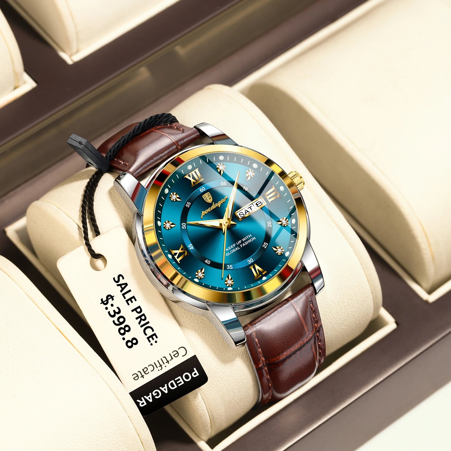 Montre Homme POEDAGAR 936L — Quartz, Bracelet Cuir, Lumineux, Date & Semaine