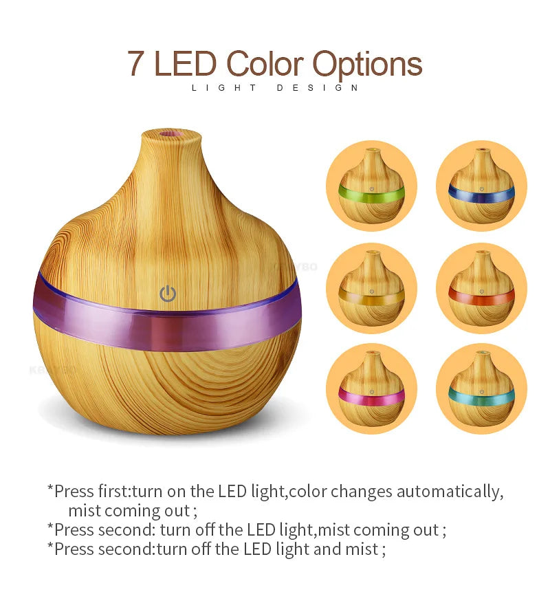 Humidificateur Ultrasonique 300ml Design Bois — LED 7 Couleurs, Commande Tactile & USB 5V