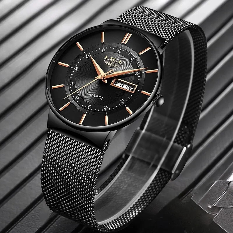 Montre Homme LIGE 9949 — Quartz Ultra-Fine, Bracelet Acier Inox, Date & Semaine, 3 ATM