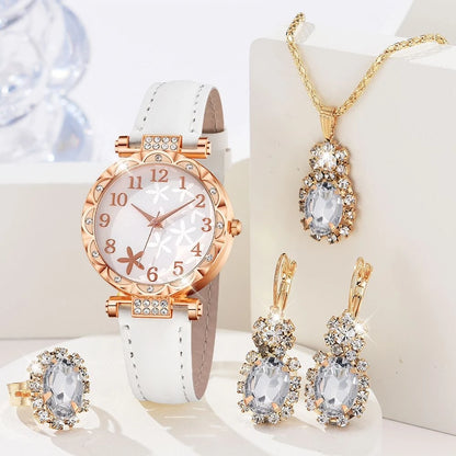 Coffret Bijoux Femme 5 Pièces Strass — Montre Quartz Cuir, Bague, Collier & Boucles d’Oreilles