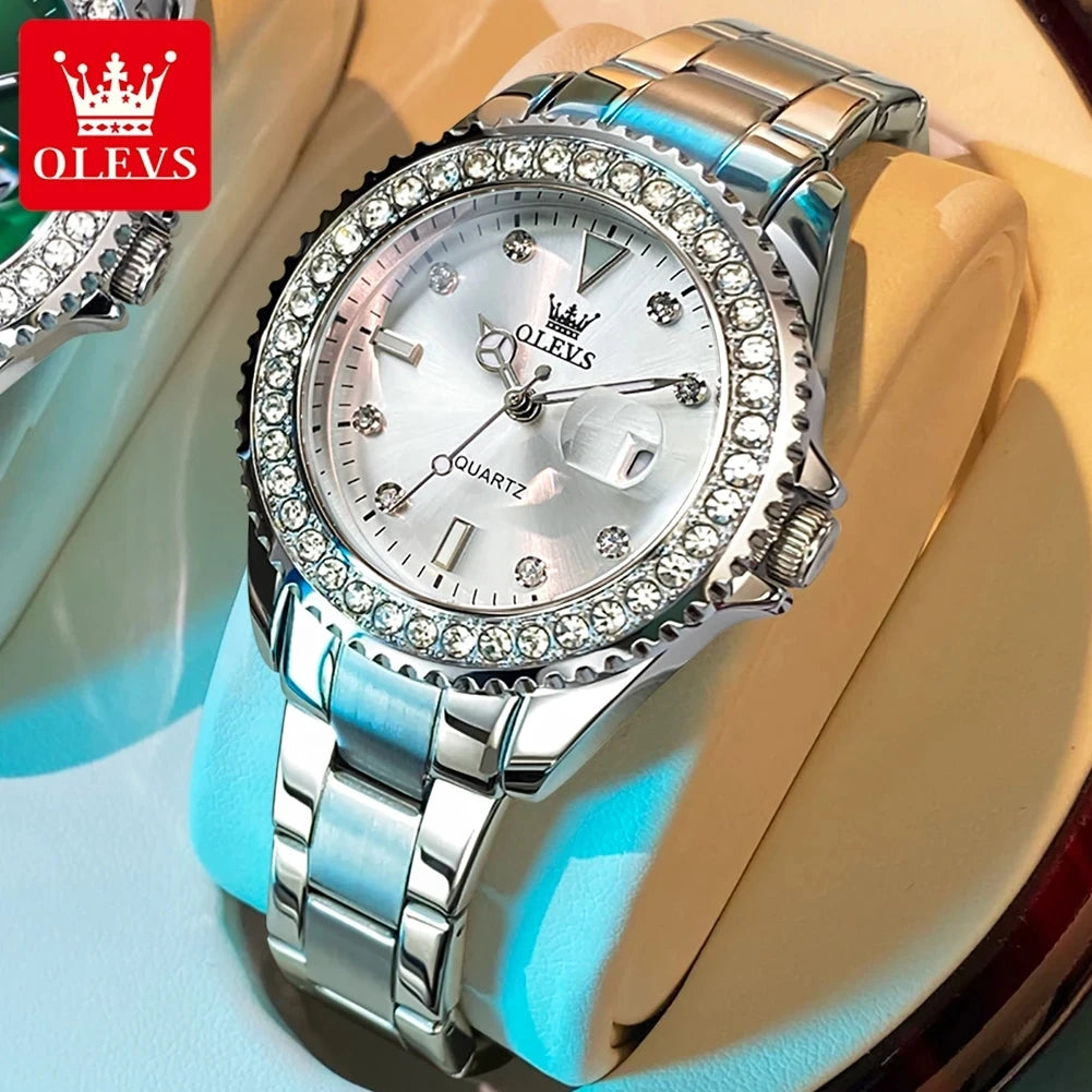 Montre Femme Quartz OLEVS 9945 — Cadran Diamant Lumineux, Acier Inoxydable, Date, 3 ATM