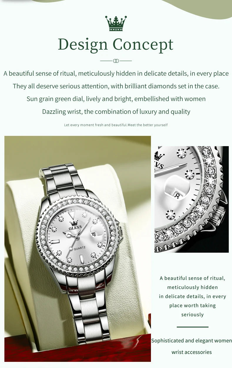Montre Femme Quartz OLEVS 9945 — Cadran Diamant Lumineux, Acier Inoxydable, Date, 3 ATM
