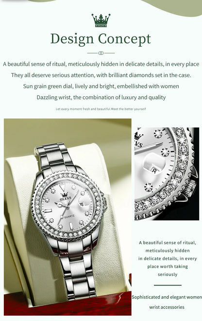 Montre Femme Quartz OLEVS 9945 — Cadran Diamant Lumineux, Acier Inoxydable, Date, 3 ATM