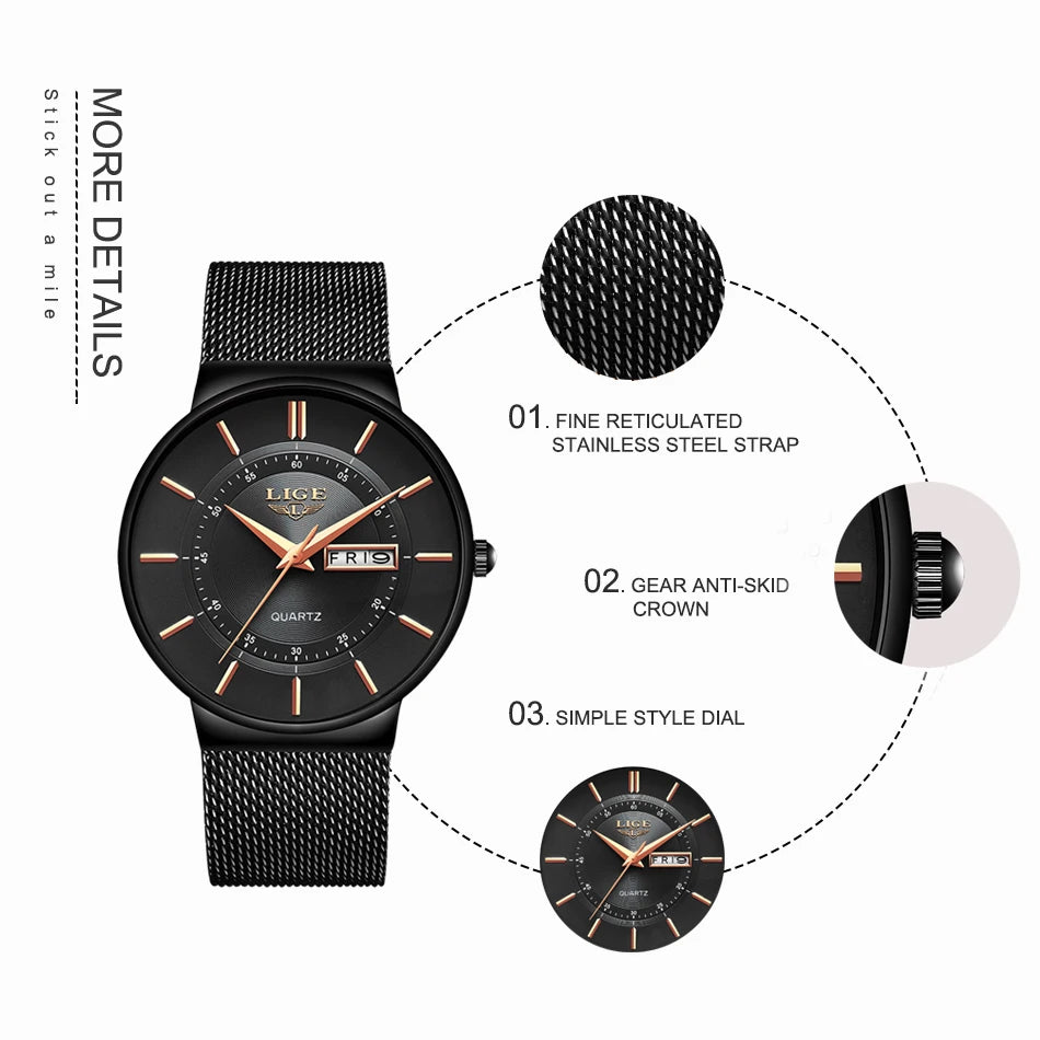 Montre Homme LIGE 9949 — Quartz Ultra-Fine, Bracelet Acier Inox, Date & Semaine, 3 ATM