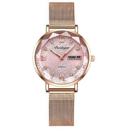 Montre Femme Quartz POEDAGAR 3012 — Acier Inoxydable, Aiguilles Lumineuses, Date & Jour, 3 ATM