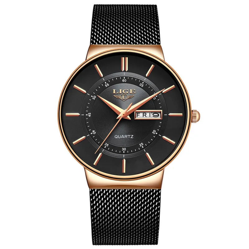 Montre Homme LIGE 9949 — Quartz Ultra-Fine, Bracelet Acier Inox, Date & Semaine, 3 ATM