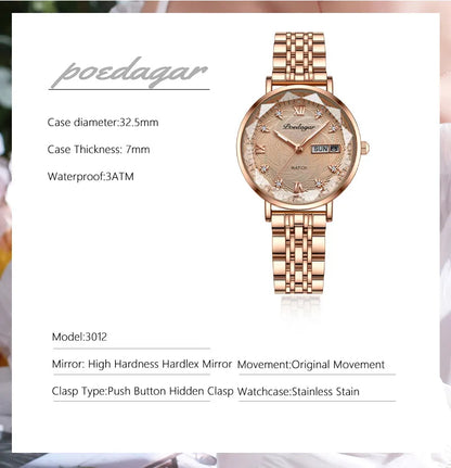 Montre Femme Quartz POEDAGAR 3012 — Acier Inoxydable, Aiguilles Lumineuses, Date & Jour, 3 ATM