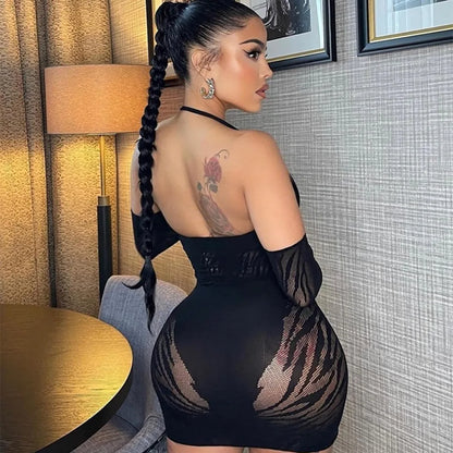 Robe courte en résille pour femmes, lingerie sexy, jupe ronde, vêtements de nuit, mini robe slim