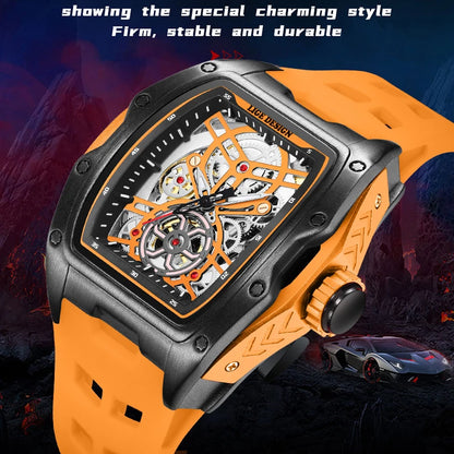Montre Mécanique Homme Squelette — Boîtier Carré Acier, Automatique, Étanche 3 ATM, Bracelet Silicone | TechNova X