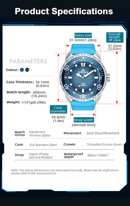 Montre Plongée NORTH EDGE TRITON — Solaire, Quartz, Acier 316L, Étanche 300M