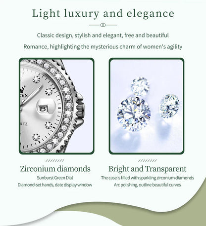 Montre Femme Quartz OLEVS 9945 — Cadran Diamant Lumineux, Acier Inoxydable, Date, 3 ATM