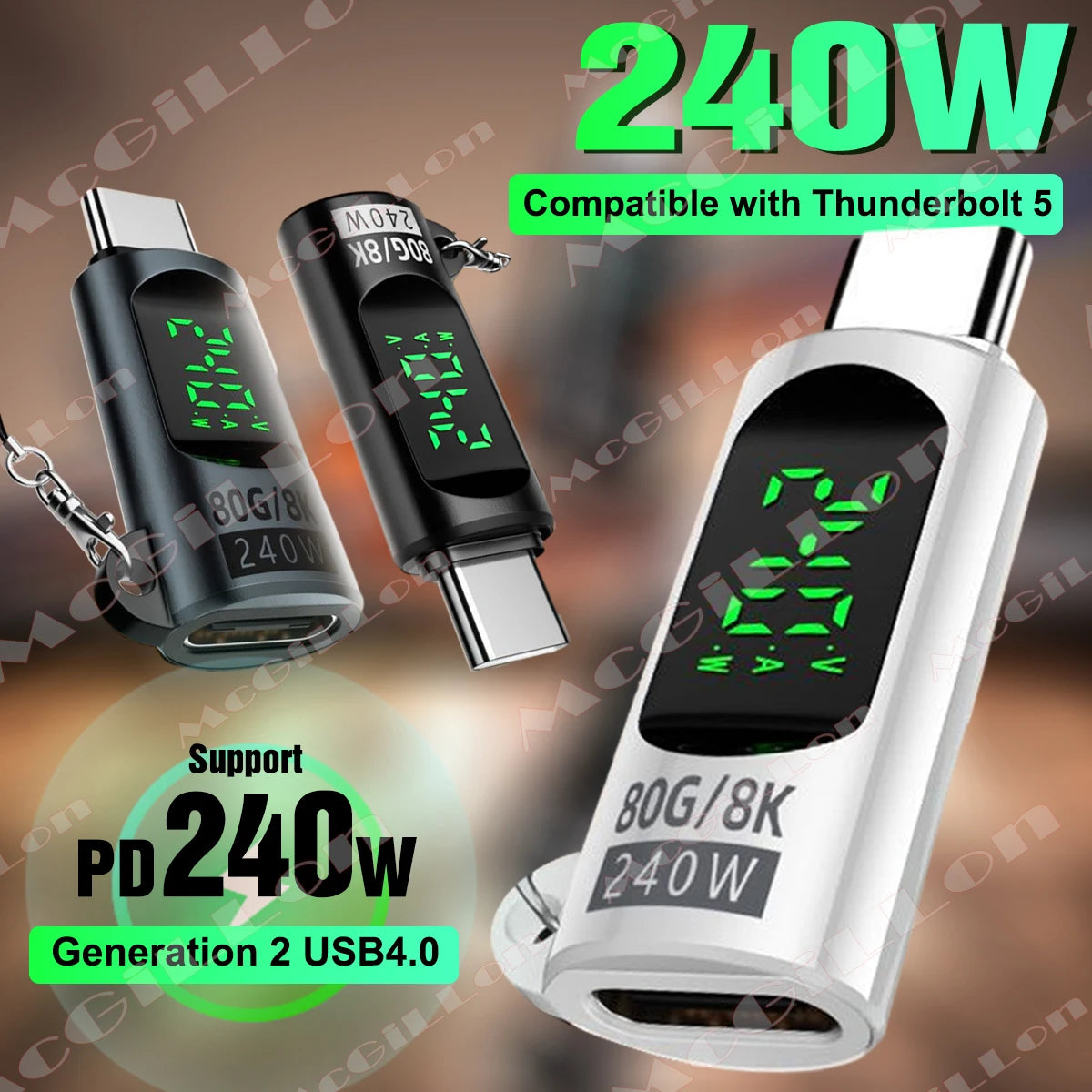Adaptateur USB 4.0 Type C avec affichage numérique PD240W 80Gbps 8K @ 60Hz, adaptateur USB C mâle vers femelle pour Macbook iPhone Samsung Xiaomi