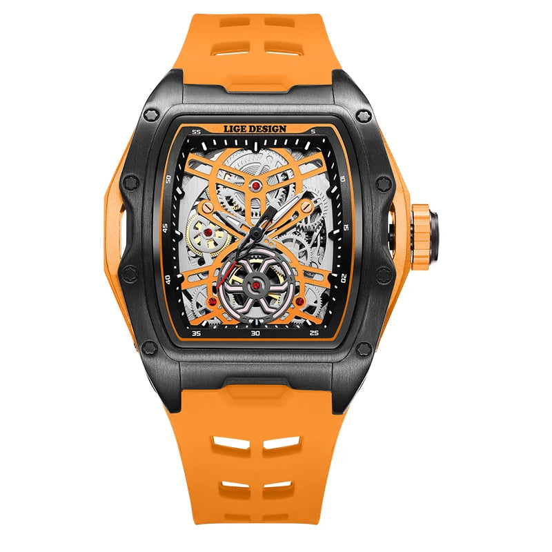 Montre Mécanique Homme Squelette — Boîtier Carré Acier, Automatique, Étanche 3 ATM, Bracelet Silicone | TechNova X