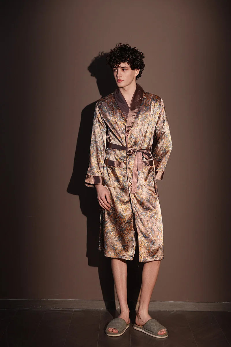 Kimono Peignoir Satin Imprimé Homme — Robe de Chambre avec Poches, Col en V