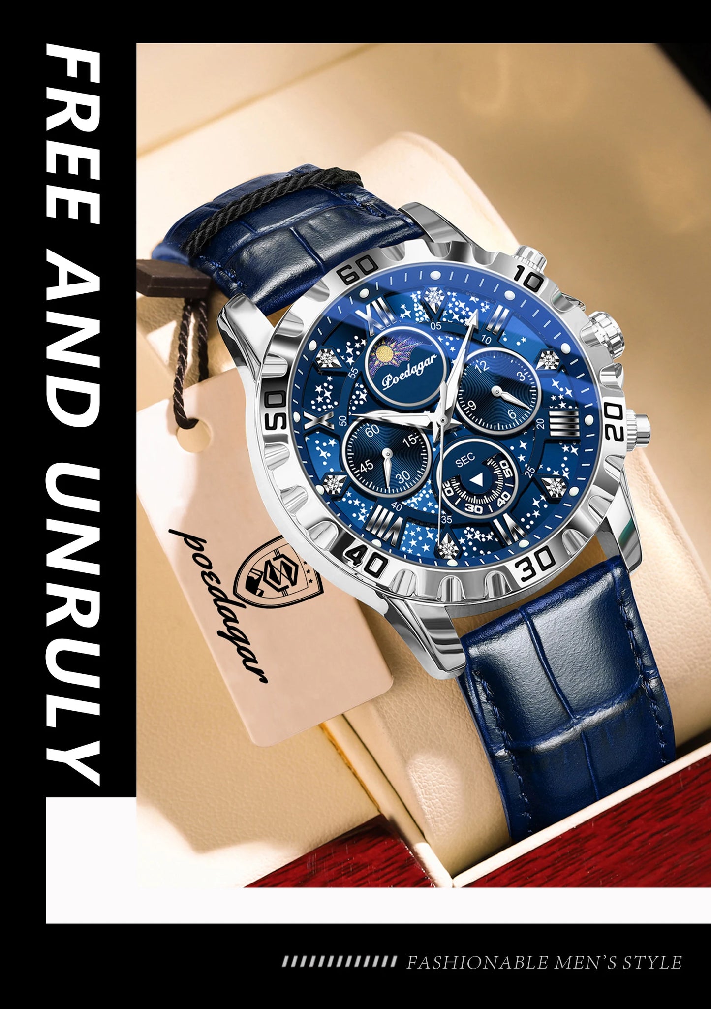Montre Quartz Luxe Homme POEDAGAR 973 — Chronographe Lumineux, Verre Saphir, Bracelet Cuir, 3 ATM, 7 Coloris | TechNova X