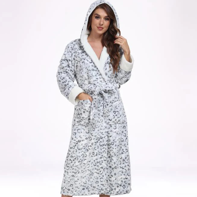 Robe Kimono Peignoir Flanelle à Capuche — Imprimé Léopard Femme