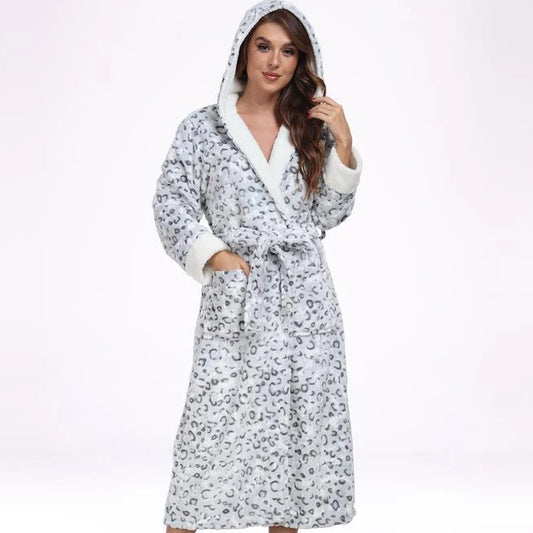 Robe Kimono Peignoir Flanelle à Capuche — Imprimé Léopard Femme