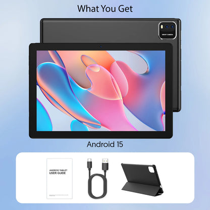 Tablette BAKEN Android 15, 10 pouces, 12 (3+9) Go de RAM + 64 Go de ROM, quad-core, batterie 6000 mAh, comprend un étui de protection gratuit