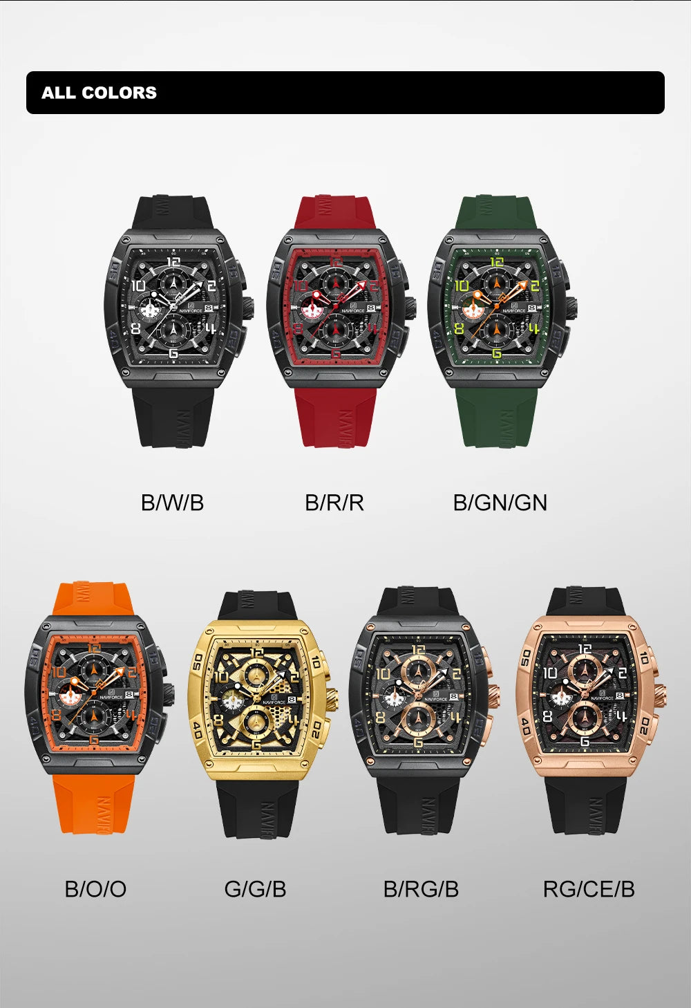 Montre Quartz Sport Homme NAVIFORCE NF8052 — Grand Cadran 44 mm, Chronographe, Aiguilles Lumineuses, Bracelet Silicone, 13 Coloris | TechNova X