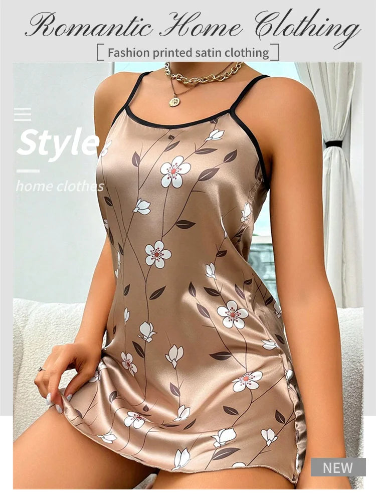 Robe de nuit en satin à imprimé floral pour femme, confortable, bretelles spaghetti, luxueuse, slip