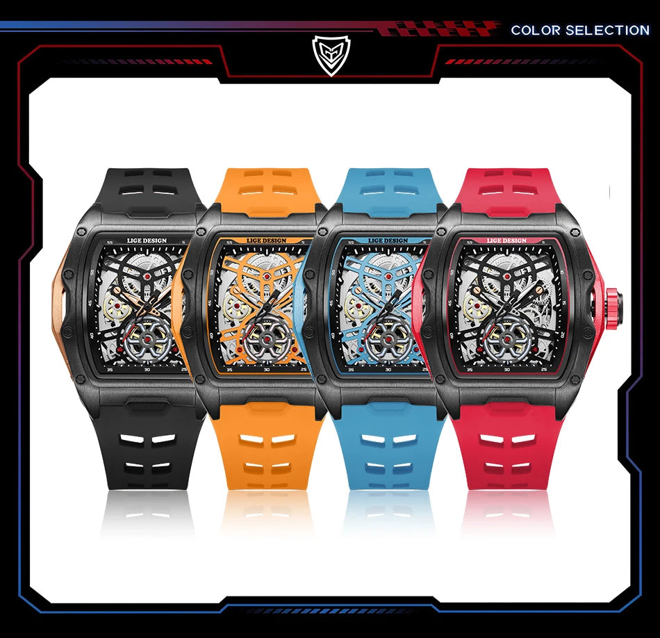 Montre Mécanique Homme Squelette — Boîtier Carré Acier, Automatique, Étanche 3 ATM, Bracelet Silicone | TechNova X