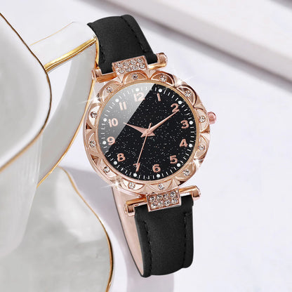 Coffret 2 Pièces Femme Strass — Montre Quartz Bracelet Cuir PU & Bracelet Cœur Assorti