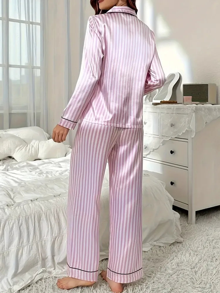 Ensemble Pyjama Satin Rayé Femme — Haut Boutons & Pantalon Long