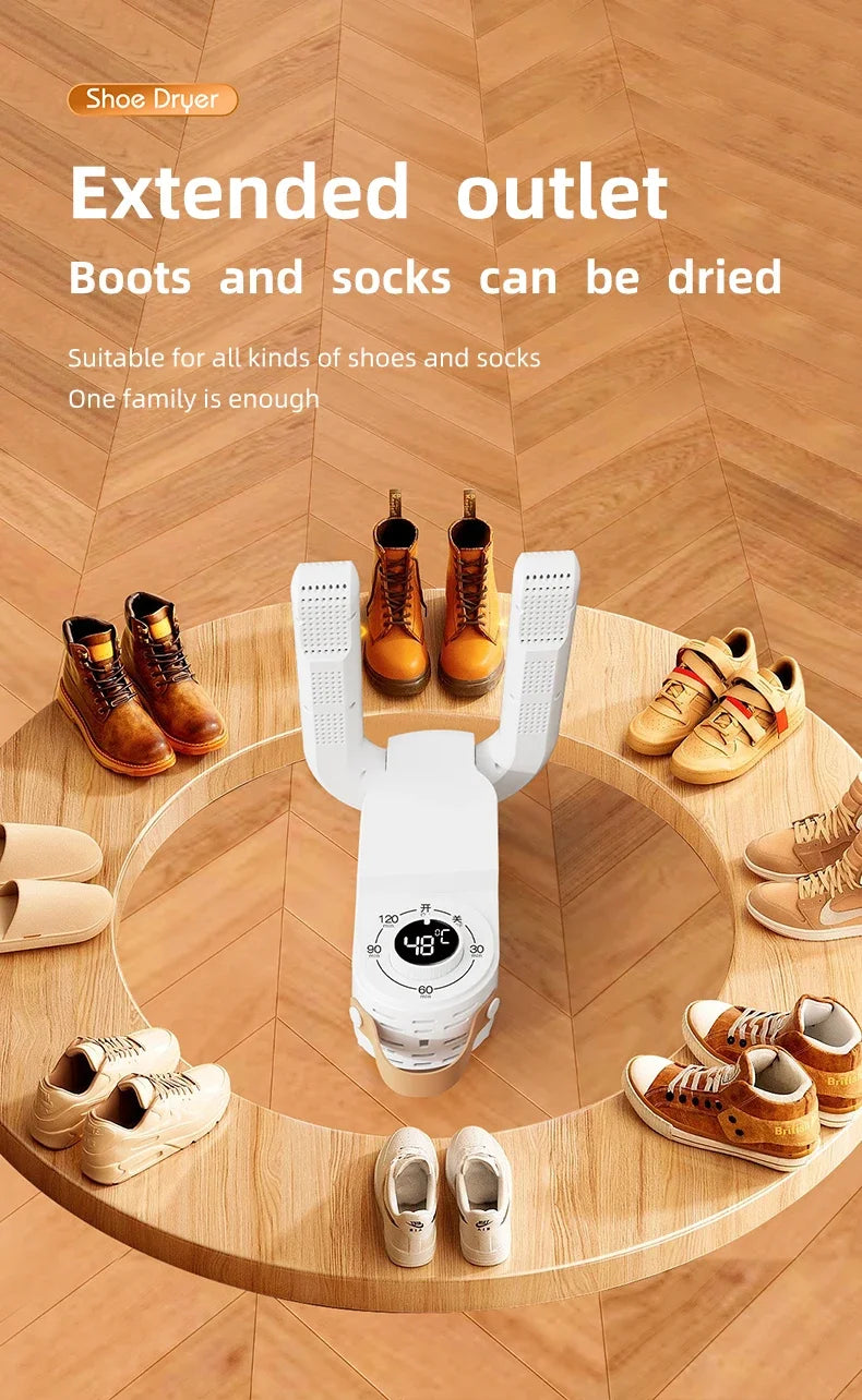 Sèche-Chaussures Intelligent 150W — Minuterie, Séchage Rapide, Désodorisant & Stérilisant