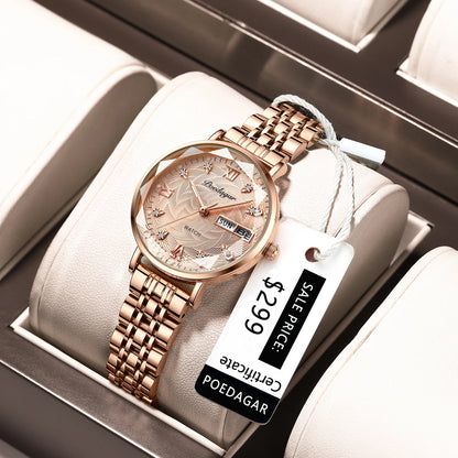 Montre Femme Quartz POEDAGAR 3012 — Acier Inoxydable, Aiguilles Lumineuses, Date & Jour, 3 ATM