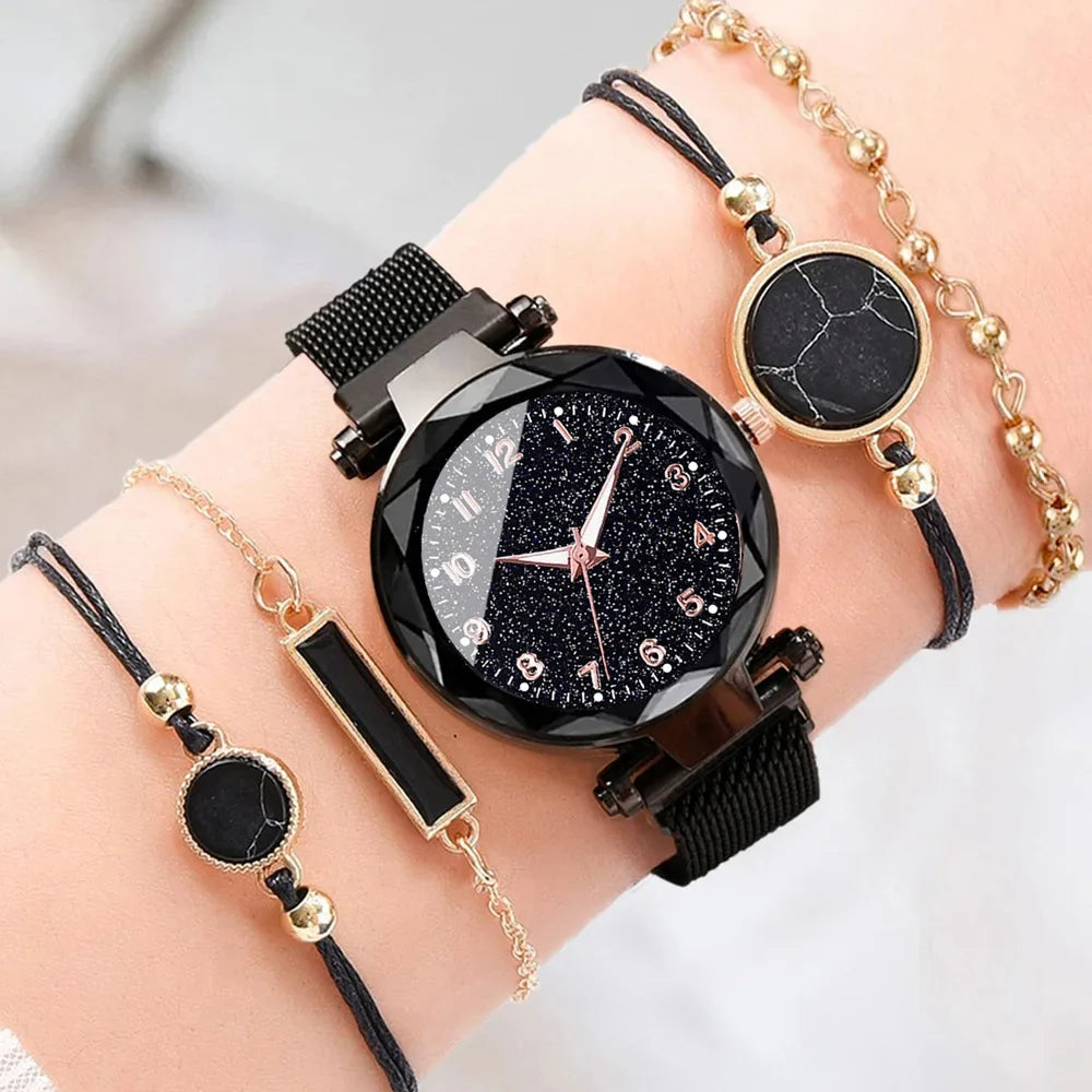 Montre Quartz Femme MOONBIFFY — Cadran Ciel Étoilé 36 mm, Bracelet Maille Alliage, Chiffres Arabes, 5 Styles | TechNova X