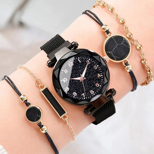 Montre Quartz Femme MOONBIFFY — Cadran Ciel Étoilé 36 mm, Bracelet Maille Alliage, Chiffres Arabes, 5 Styles | TechNova X