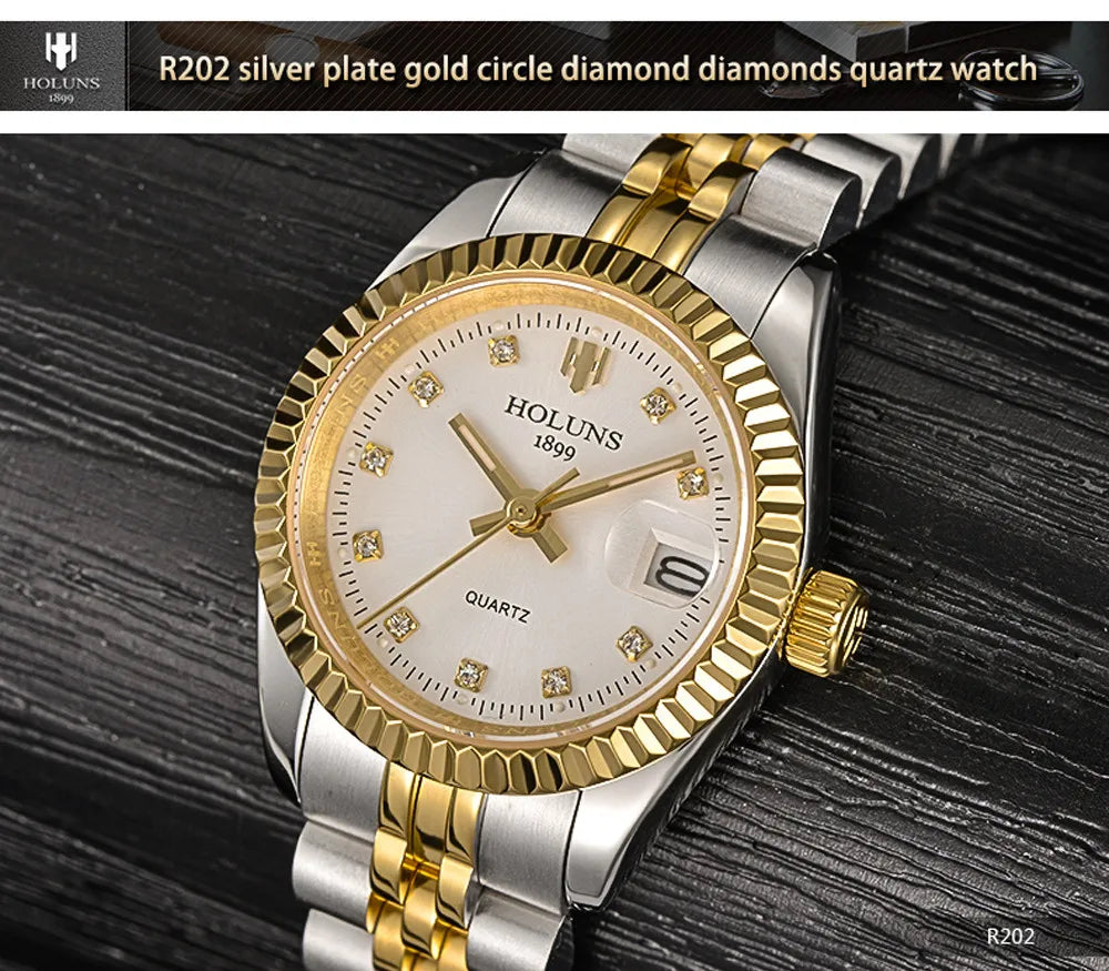 Montre Femme Luxe Diamant — Quartz Acier Inoxydable, Étanche 5 ATM