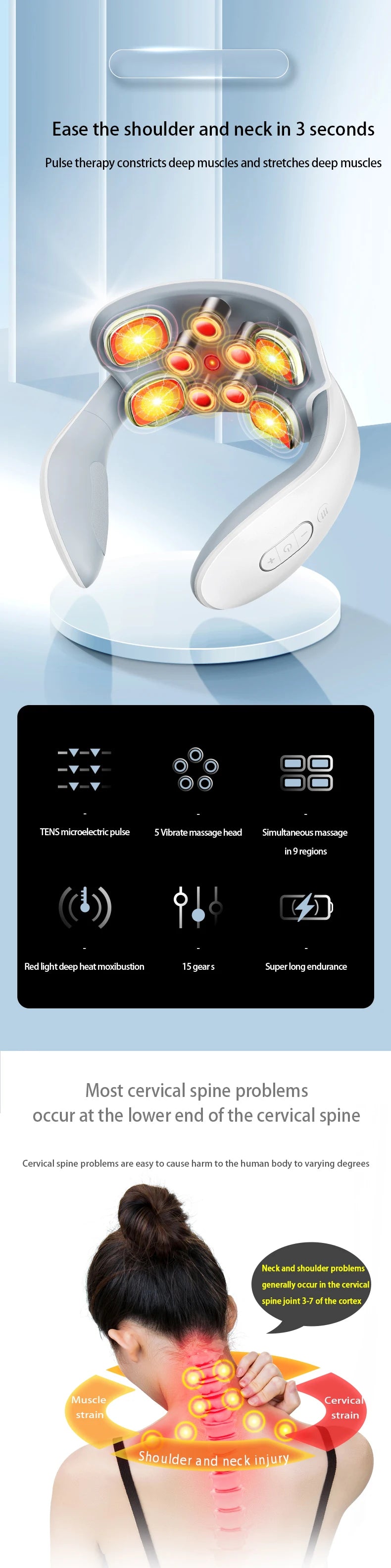 Electric Neck Massager with Heat, Cordless Shoulder Cervical Pain Relief, Portable Muscle Massage