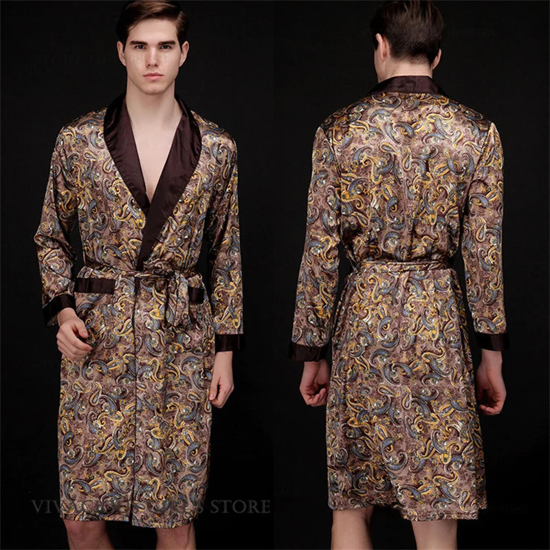 Kimono Peignoir Satin Imprimé Homme — Robe de Chambre avec Poches, Col en V