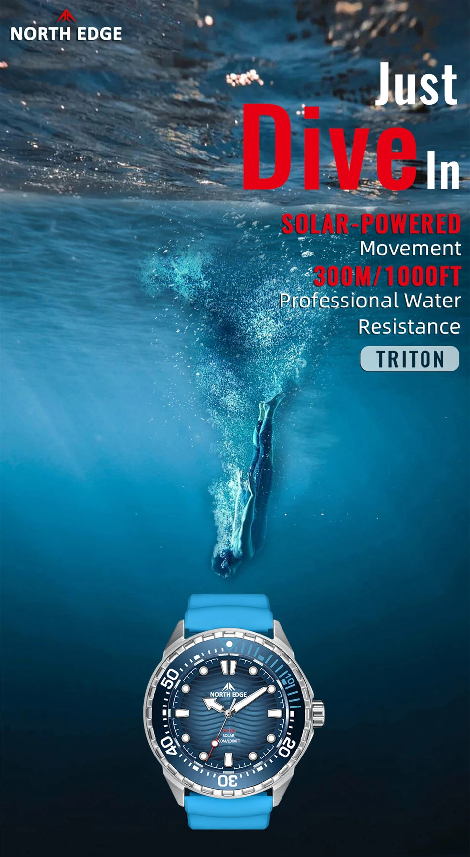 Montre Plongée NORTH EDGE TRITON — Solaire, Quartz, Acier 316L, Étanche 300M