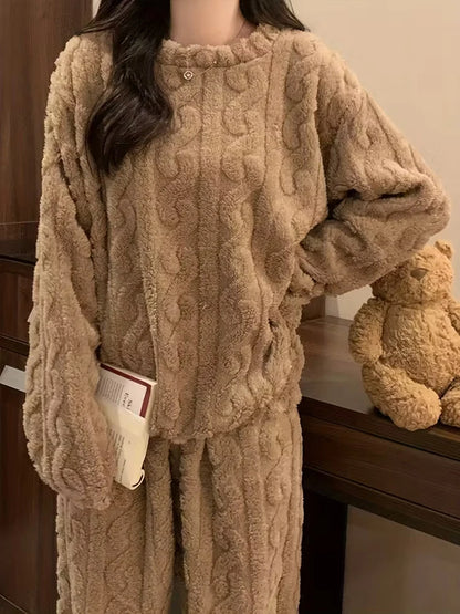 Ensemble Pyjama Flanelle Polaire Femme — Haut Col Rond & Pantalon Chaud